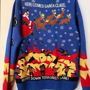 Festive Blue and Red Crewneck Sweater with Reindeer Design